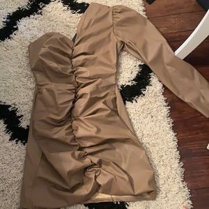 Tan leather ruched front one sleeve mini dress